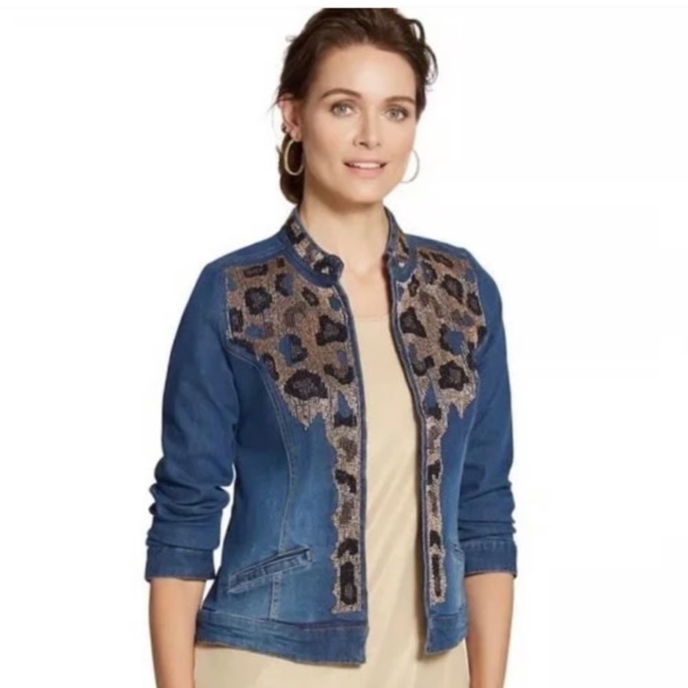 Chico's Dark Blue Jean Jacket with cheetah Print